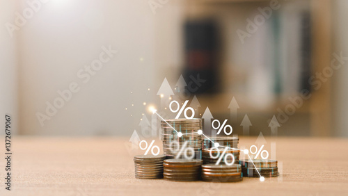 Saving money wealth concept. Stack of silver coins with up arrow. driven by higher interest rates and steady growth in money investments. finance, growth, increase, interest, money, profit, stock.