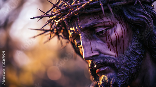 Escultura de Jesucristo con corona de espinas durante la crucifixión