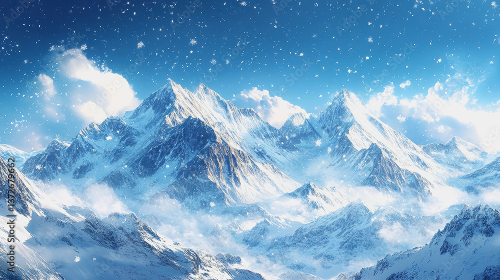 A majestic snowy mountain range with stunning snow-capped peaks under a bright blue sky in a scenic illustration A majestic snowy mountain range with stunning snow-capped peaks under a bright blue sky in a scenic illustration