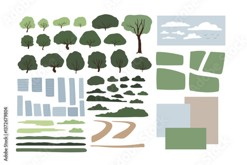 A collection of urban park landscapes featuring lakes, tree, paths, building and city skyline views. Scenic nature scenes with winding trails, rivers, and sports courts. Flat vector illustration.