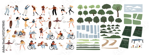 Collection of park activities and landscape elements. People playing badminton, tennis, table tennis, and other outdoor sports. Trees, paths, courts for scene creation. Flat vector illustration.
