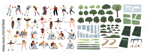 Collection of park activities and landscape elements. Diversity people playing badminton, table tennis, and other outdoor sports. Trees, paths, courts for scene creation. Flat vector illustration.