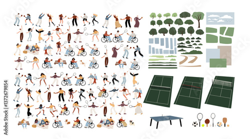 Collection of park activities and landscape elements. Diversity people playing badminton, table tennis, and other outdoor sports. Trees, paths, courts for scene creation. Flat vector illustration.