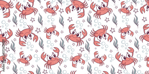Seamless Pattern of Cute Crab on White Background Vector Design