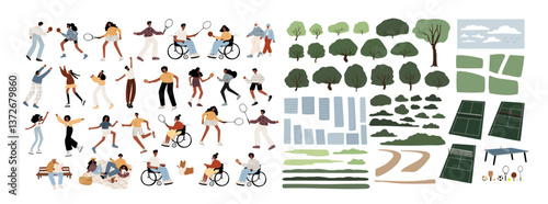 Collection of park activities and landscape elements. Black people playing badminton, tennis, table tennis, and other outdoor sports. Trees, paths, courts for scene creation. Flat vector illustration.