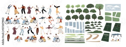 Collection of park activities and landscape elements. Muslim people playing badminton, table tennis, and other outdoor sports. Trees, paths, courts for scene creation. Flat vector illustration.