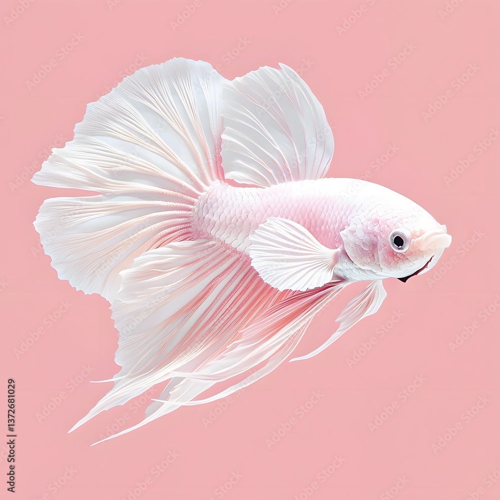 Obraz premium Dreamy pale pink and white betta fish gracefully floating in soft pastel tones against a matching pink background, creating a serene aquatic scene of beauty