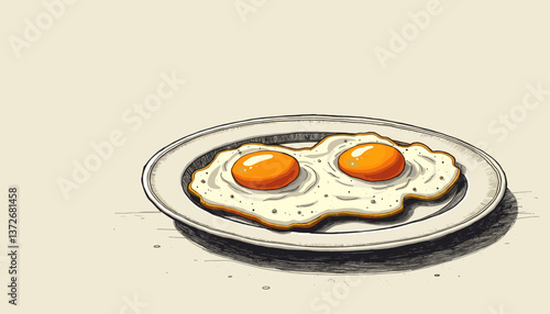 Retro-style illustration of a plate with two fried eggs in a detailed sketch design