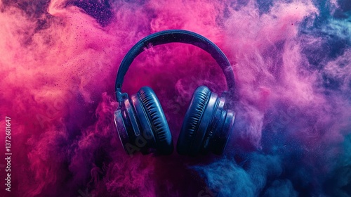Headphone and vivid color powder. Creative music and festival concept.