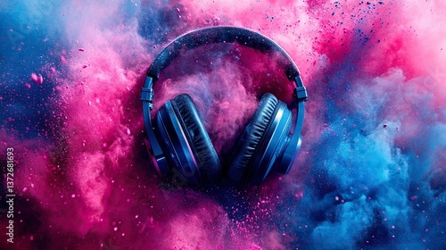 Headphone and vivid color powder. Creative music and festival concept.