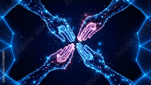 A futuristic abstract depiction of four clasped hands forming a square, glowing in neon blue with a wireframe structure, symbolizing connection, collaboration, and digital teamwork.