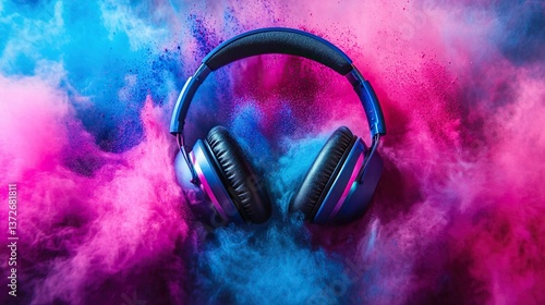 Headphone and vivid color powder. Creative music and festival concept