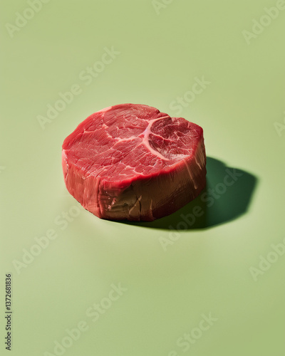 Raw beef steak , deep red color, butcher-style aesthetic,  on a green background