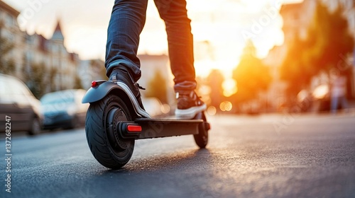 Man riding electric scooter on city street, concept of urban eco-friendly transportation, electric scooter rental