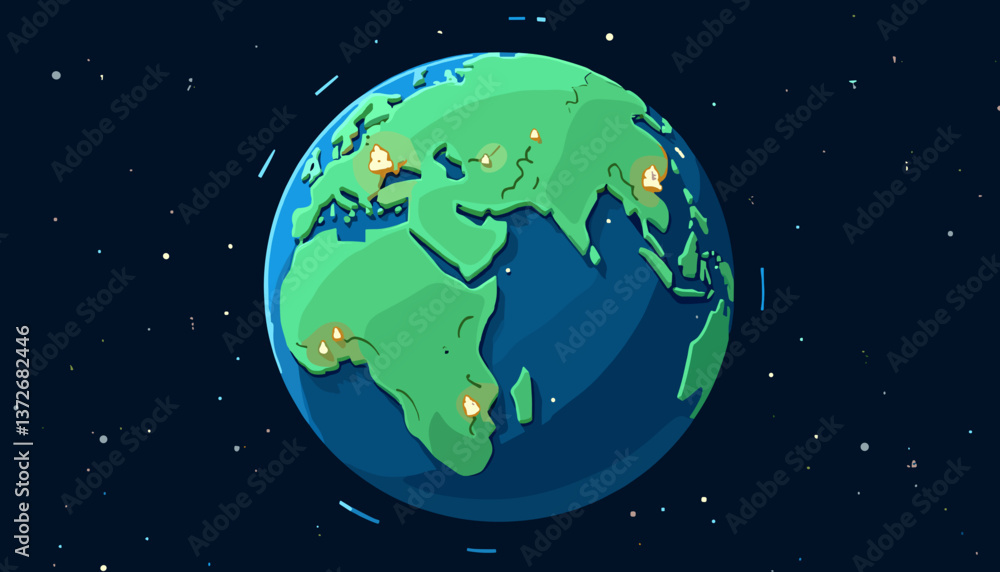 Naklejka premium Colorful illustration of Earth with glowing locations in a stylized space setting 
