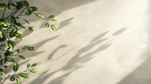 Minimal abstract beige background for product presentation. Smooth concrete walls with faint shadow patterns from a nearby tree branch.