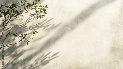 Minimal abstract beige background for product presentation. Smooth concrete walls with faint shadow patterns from a nearby tree branch.