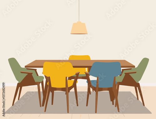 Dining room with A table with six chairs and a lamp hanging above it. The chairs are of different colors and sizes. The table is wooden and the room is empty. Vector illustration