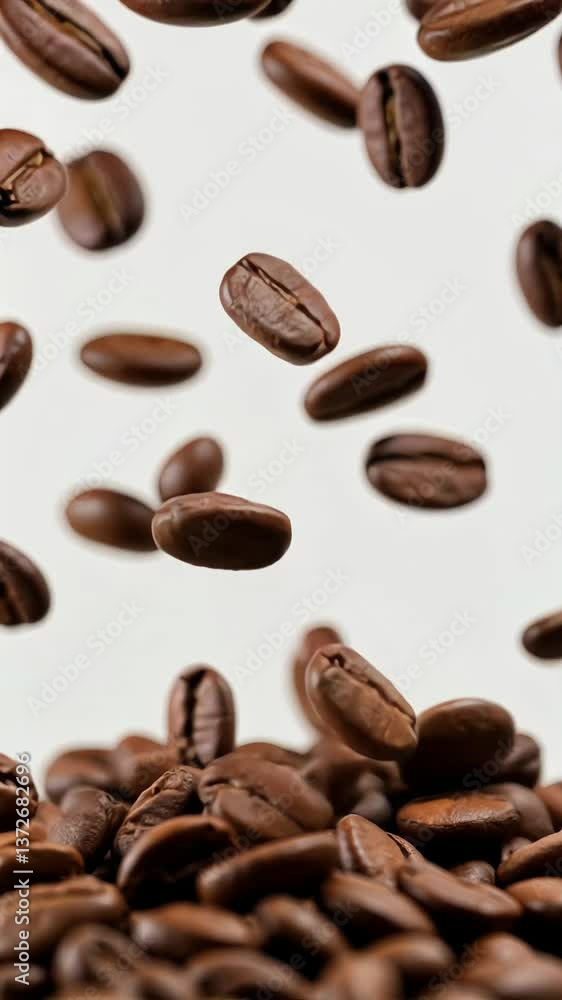 Falling roasted coffee beans in mid-air with white background Falling roasted coffee beans in mid-air with white background