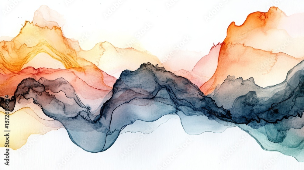 Abstract watercolor composition featuring light blended layers with soft outlines and warm hues Abstract watercolor composition featuring light blended layers with soft outlines and warm hues