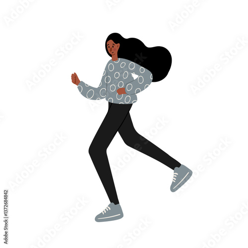 illustration of a stylish black woman walking. A woman in a patterned sweater and black pants runs. Modern and fashionable park scene. Flat vector illustration.