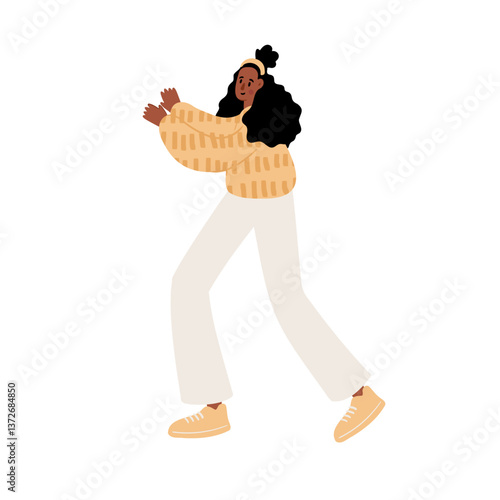 illustration of a black woman enjoying a dance. A woman in a yellow sweater and white pants moves gracefully. Fun and carefree park activity. Flat vector illustration.