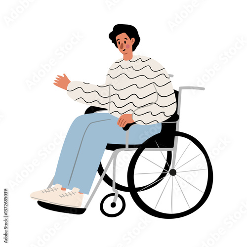 Illustration of a young man sitting in a wheelchair. He wears a white wavy-patterned sweater, blue jeans, and sneakers. His arm is raised in a casual gesture. Flat vector illustration.