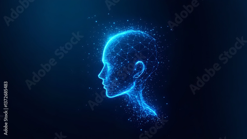 A futuristic wireframe human head composed of glowing blue dots and lines, slowly breaking apart into digital fragments,