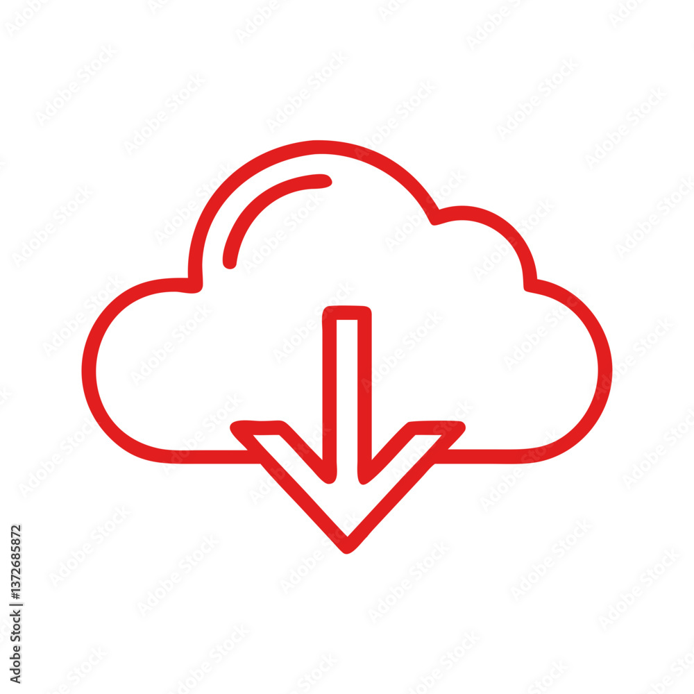 Cloud download icon in red line art style on white background Cloud download icon in red line art style on white background