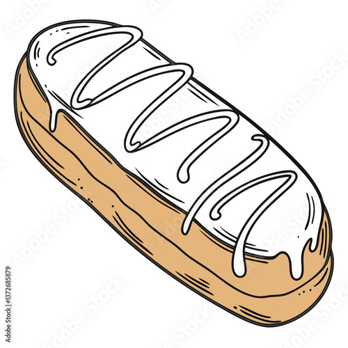 Sweet glazed pastry with icing decoration on a white background  