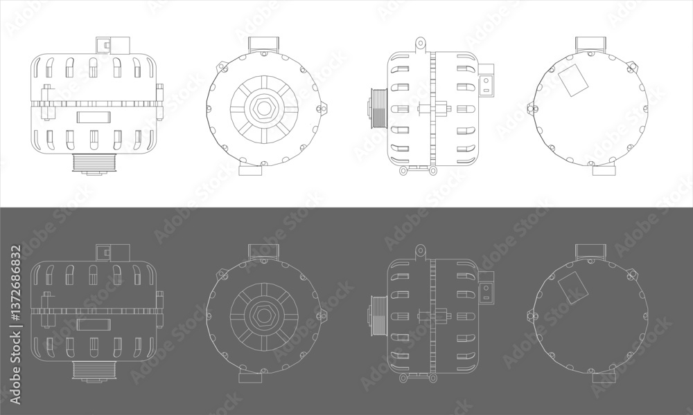 Technical Alternator Drawings from Multiple Angles - Line Illustration for Engineering and Industry Technical Alternator Drawings from Multiple Angles - Line Illustration for Engineering and Industry