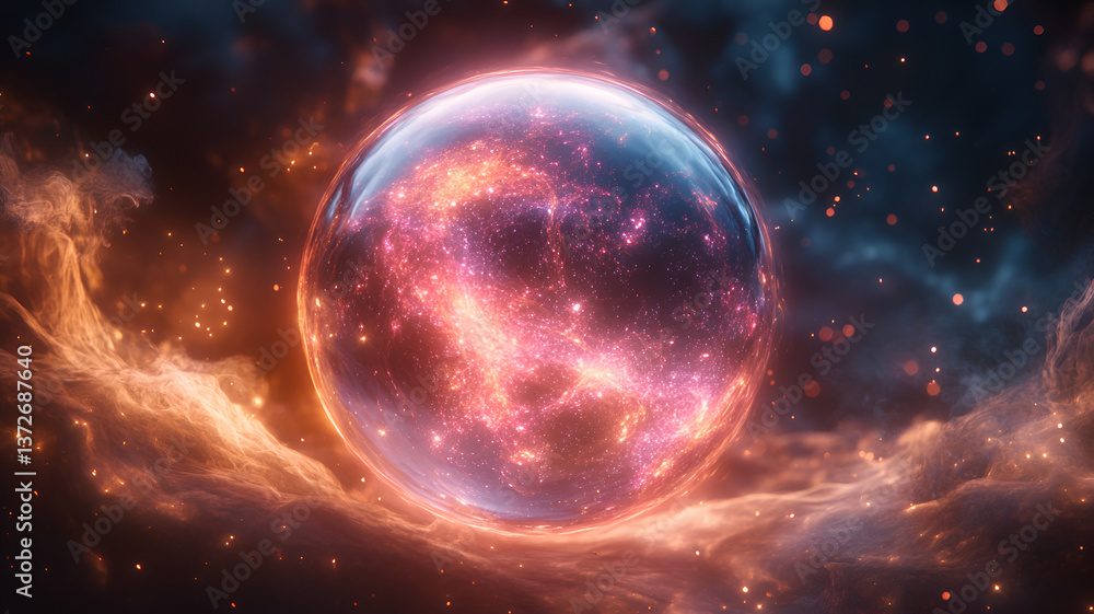 glowing holographic sphere surrounded by cosmic clouds and sparkling stars creates mesmerizing scene glowing holographic sphere surrounded by cosmic clouds and sparkling stars creates mesmerizing scene