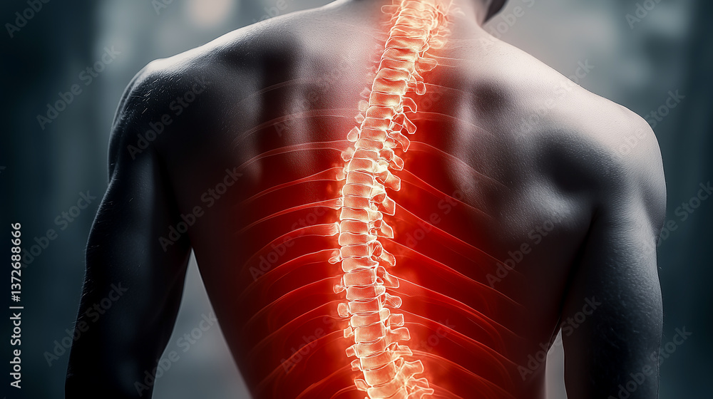 back of a person with pain in the spine. red and yellow areas of inflammation in the back