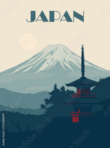 Japan travel destination poster in retro style. Fuji mountain landscape print. Vector art illustration