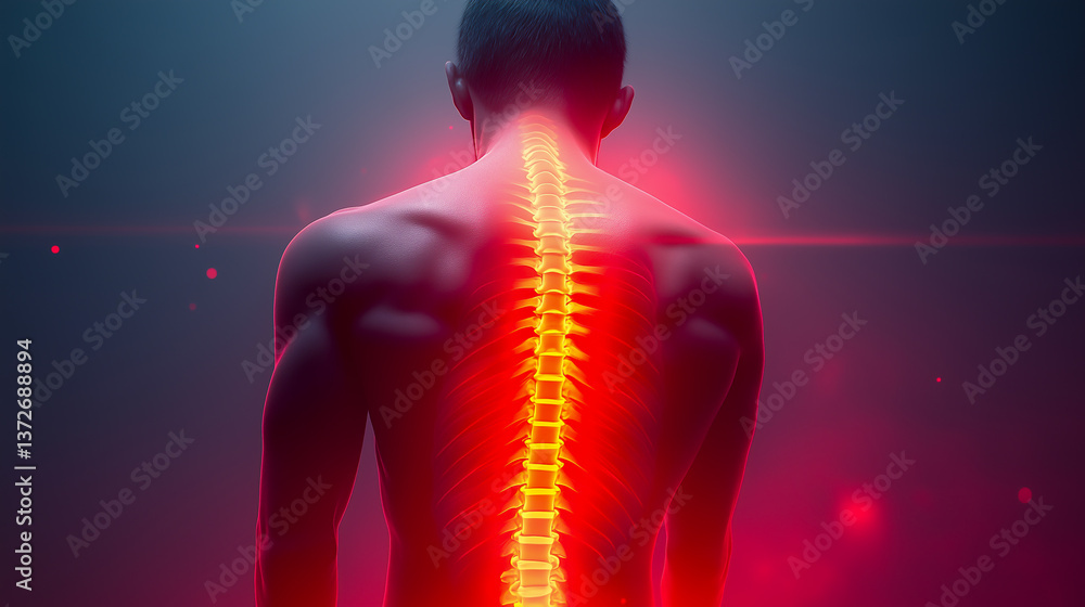 back of a person with pain in the spine. red and yellow areas of inflammation in the back