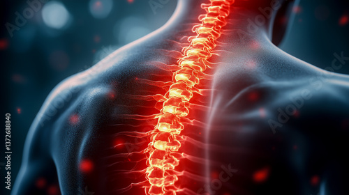 Obraz na płótnie back of a person with pain in the spine. red and yellow areas of inflammation in the back w salonie
