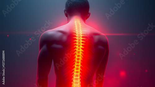 Obraz na płótnie back of a person with pain in the spine. red and yellow areas of inflammation in the back w salonie
