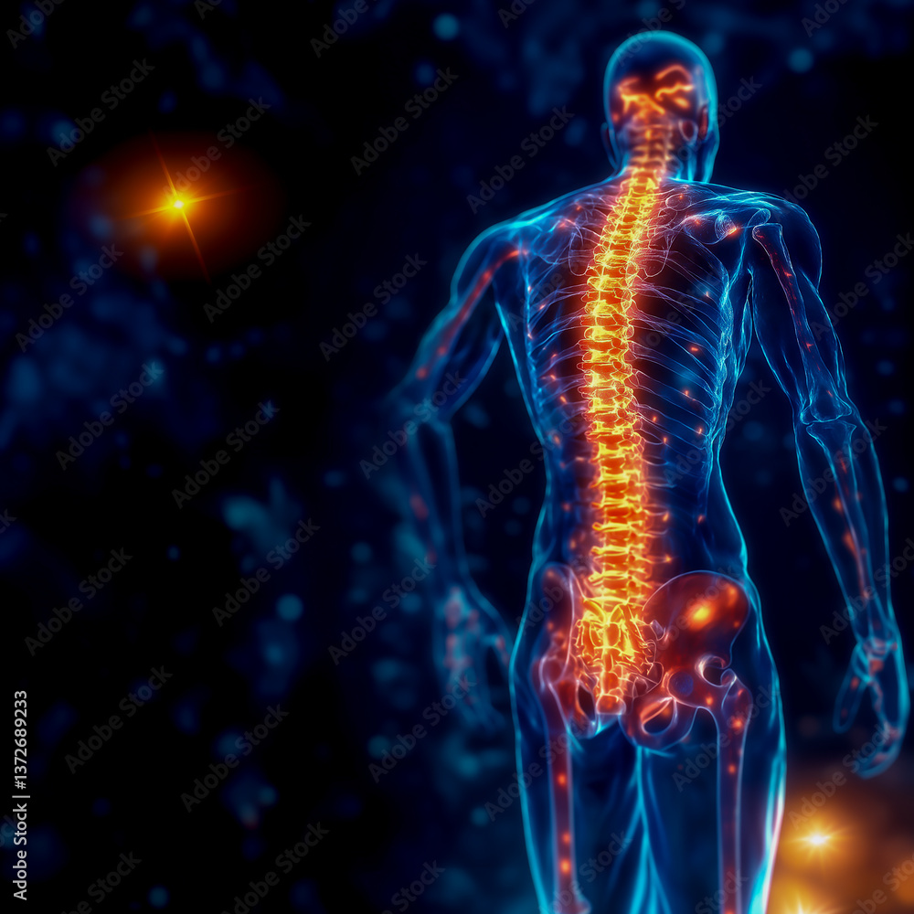 back of a person with pain in the spine. red and yellow areas of inflammation in the back