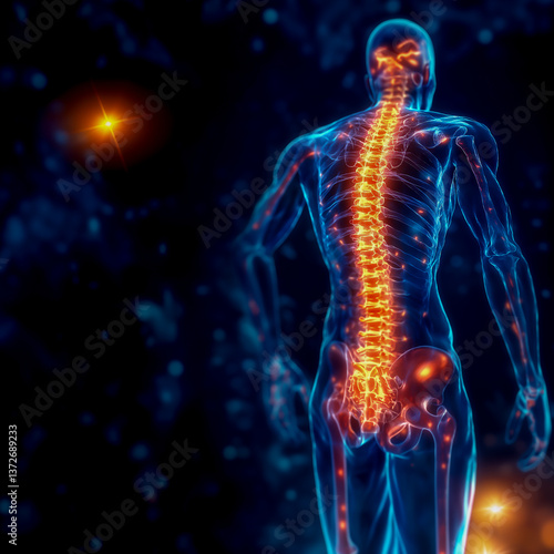 Obraz na płótnie back of a person with pain in the spine. red and yellow areas of inflammation in the back w salonie