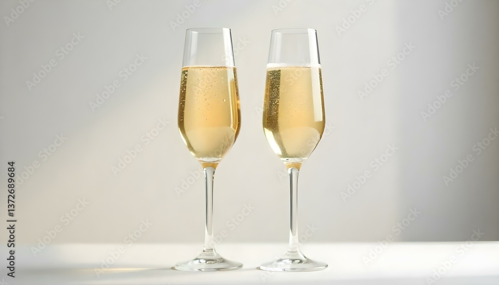 Two champagne flutes filled with sparkling wine, set against a minimalist backdrop, soft diffused lighting, clean lines, and a focus on the texture of the bubbles Two champagne flutes filled with sparkling wine, set against a minimalist backdrop, soft diffused lighting, clean lines, and a focus on the texture of the bubbles