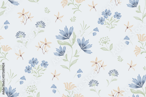 Minimal Floral pattern seamless paisley embroidery texture  blue pink coneflower flower motifs. Vintage ikat style vector illustration design hand drawn .