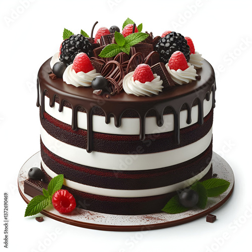 Black forest gateau cake isolated on white background. Happy birthday party cake isolated on white background.