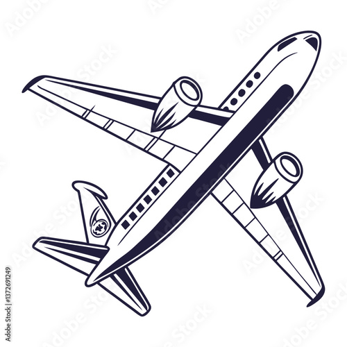 Jet airplane illustration in minimalist style on white background  
