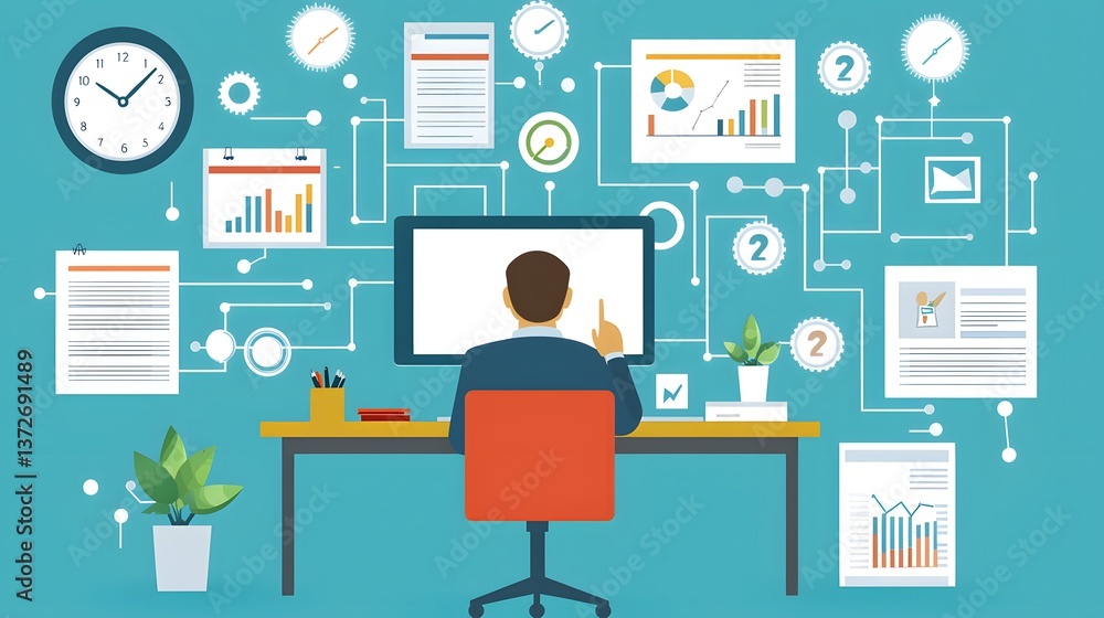 Businessperson Analyzing Data on Computer Screen Surrounded by Informational Graphs and Charts Businessperson Analyzing Data on Computer Screen Surrounded by Informational Graphs and Charts