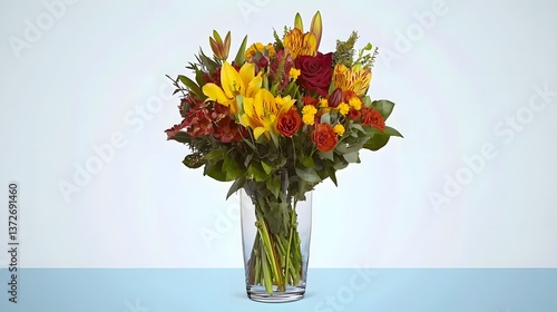 Wallpaper Mural Vibrant Flower Bouquet Featuring Yellow Lilies and Red Roses in a Clear Glass Vase Torontodigital.ca