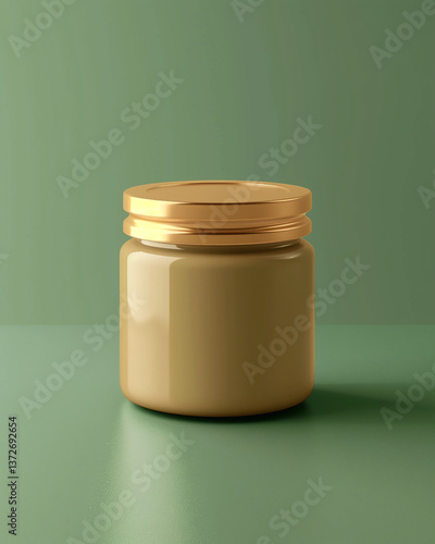 Glass jar with cream, peanut butter, or honey. A minimalist and clean design for organic beauty products or food.