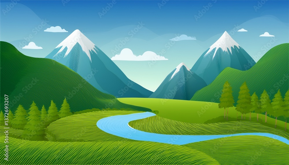 Realistic vector image of the mountain landscape and a river across the green fields. Generated image