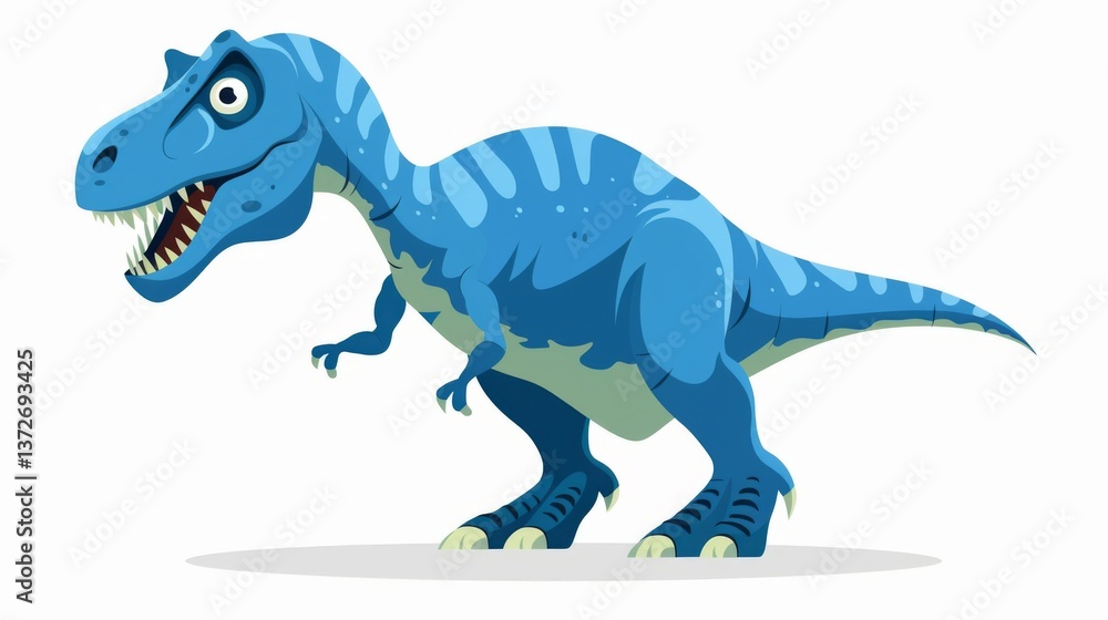 Obraz premium Blue cartoon dinosaur with sharp teeth and claws roaring in front of an abstract background.