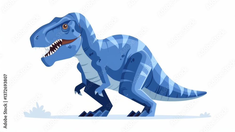 Obraz premium Blue cartoon dinosaur with sharp teeth and claws roaring in front of an abstract background.