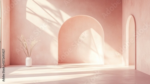 Minimal abstract soft pink background for product presentation. Clean plaster walls with gentle light streaming through modern geometric windows.